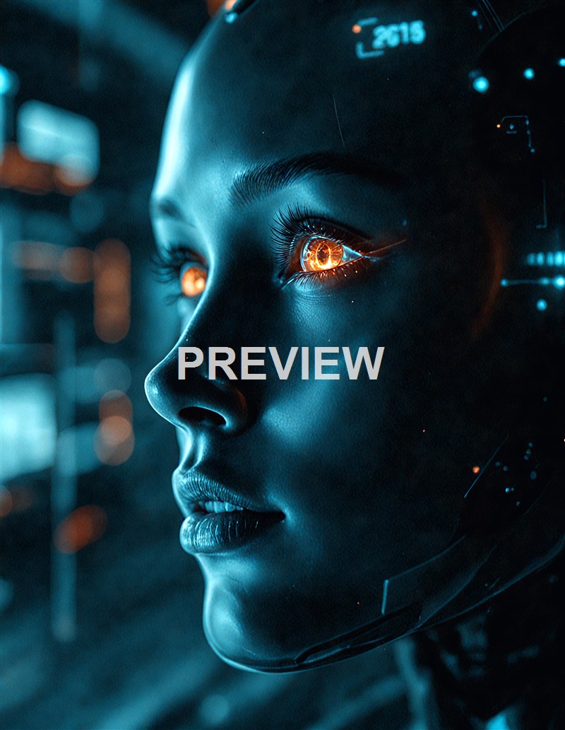 A highly detailed close-up of a futuristic female android or robot with glowing eyes, smooth metallic skin, and holographic-like digital overlays on her face.